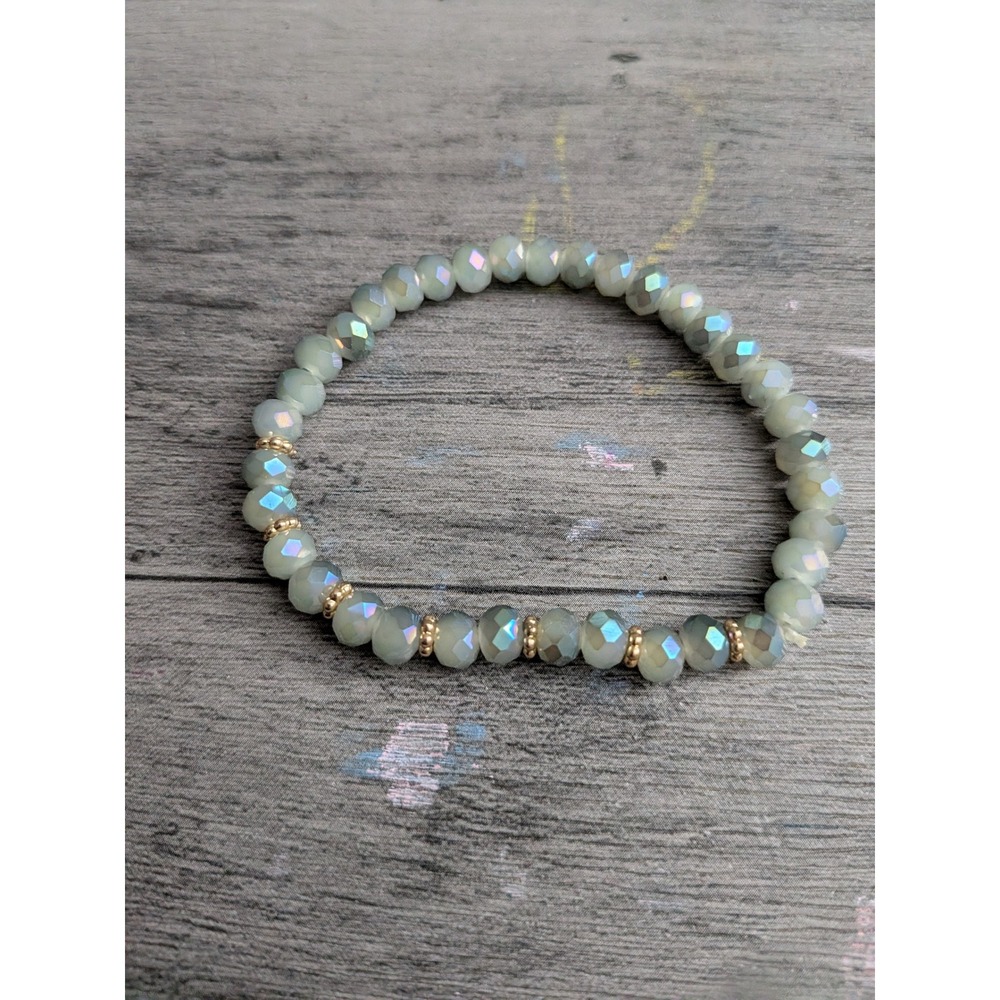 Iridescent Sage Green Faceted Glass Beaded Stretch Bracelet Gold Tone Accents
